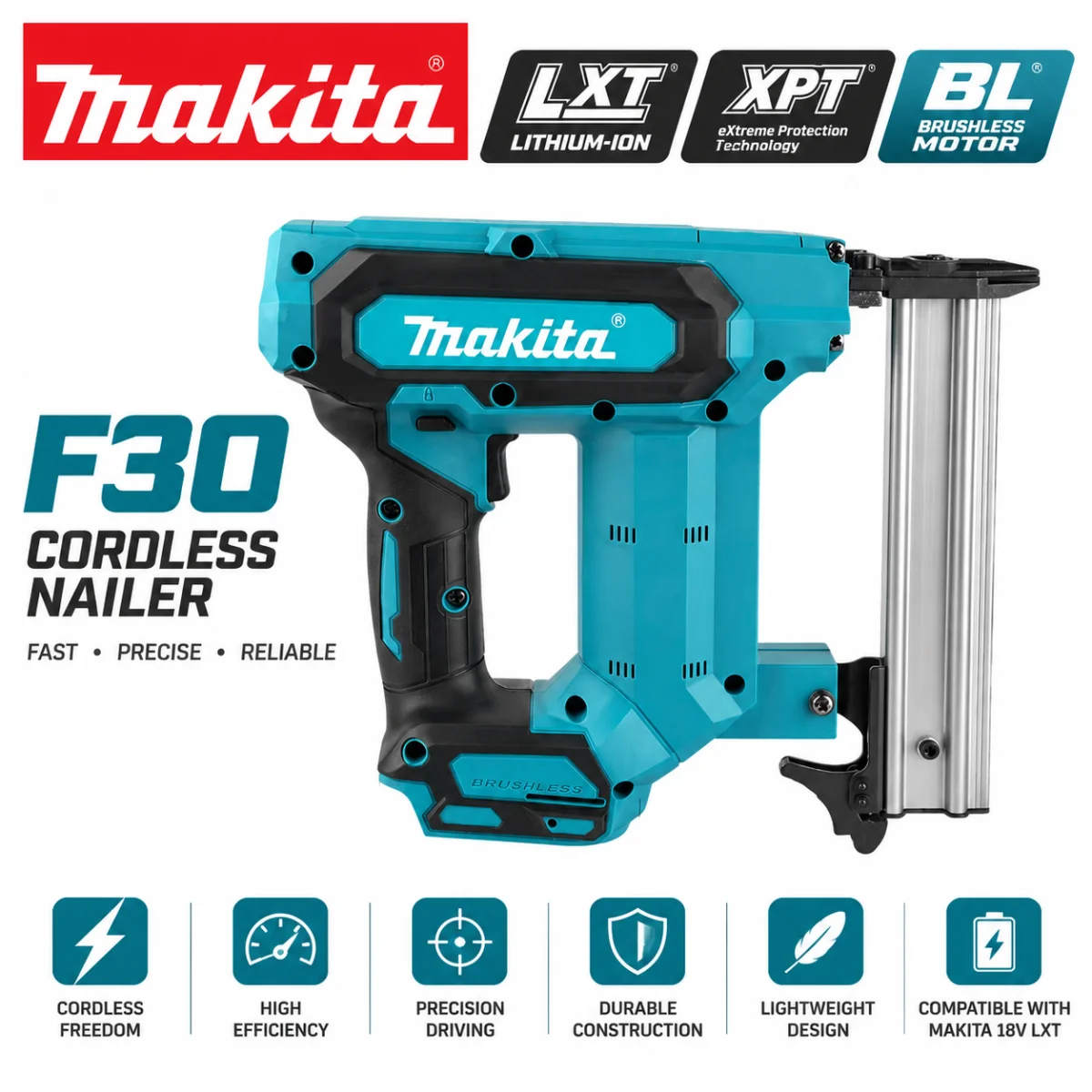 Makita 18V LXT Lithium Battery F30 Cordless Brad Nailer Stapler, Electric Straight Nail Driver for Woodworking & Construction