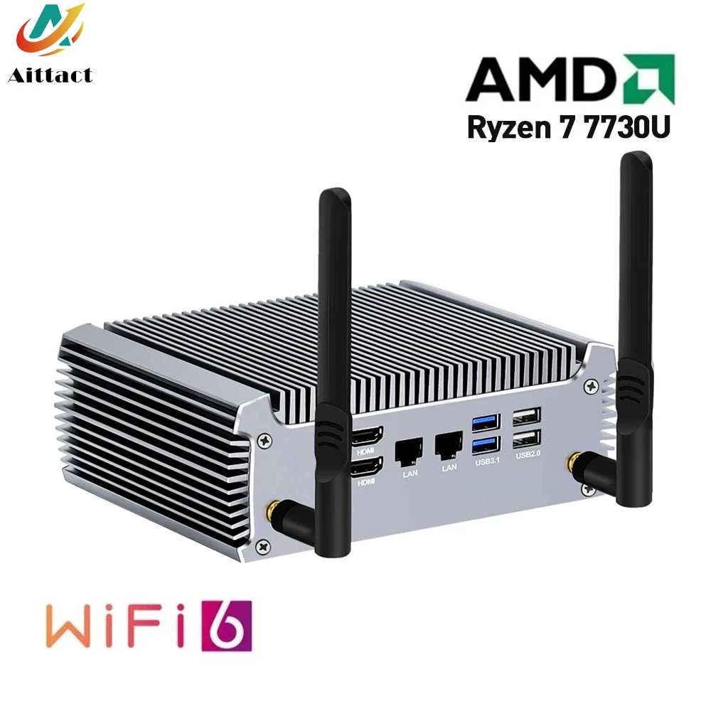 

Aittact безвентиляторный мини-ПК AMD Ryzen 7 7730U 5800U игровой компьютер для ПК Windows 11, маршрутизатор с двумя LANми и брандмауэрами 2 * HDMI2.0 NVMe DDR4 WiFi6