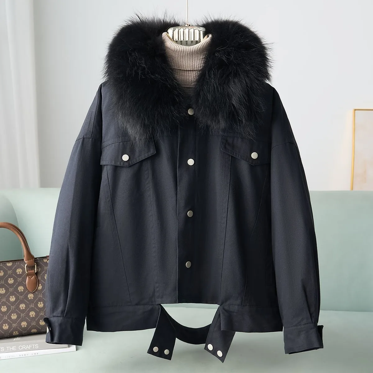 2025 الخريف والشتاء جديد الراكون الفراء طوق معطف الفرو حجم كبير المرأة أرنب الفراء الداخلية بطانة فطيرة للتغلب