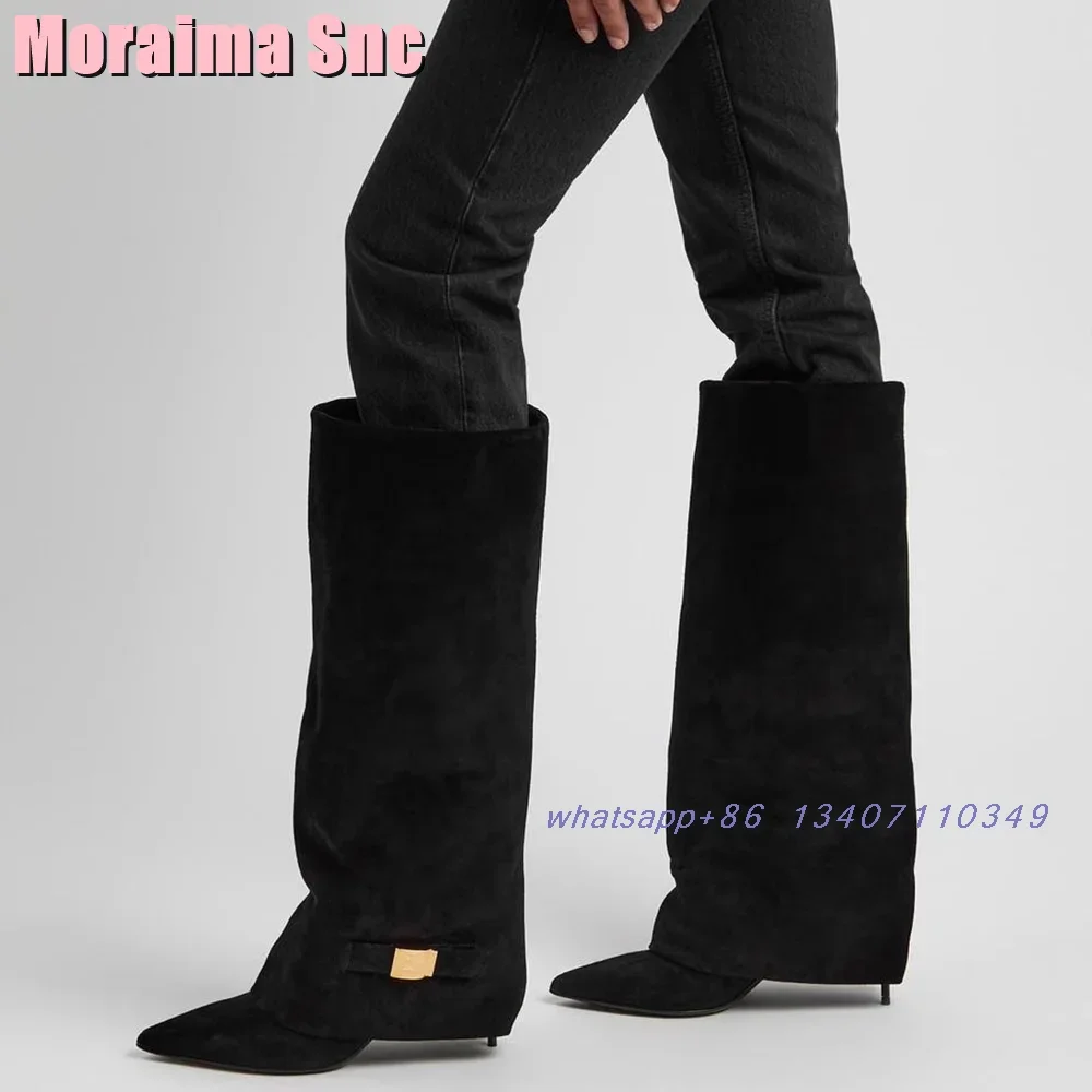 

Pointed Toe Metal Buckle Knee High Boots Stiletto High Heel Slip On Sexy Fashion Women's Long Boots Autumn Winter Black Solid