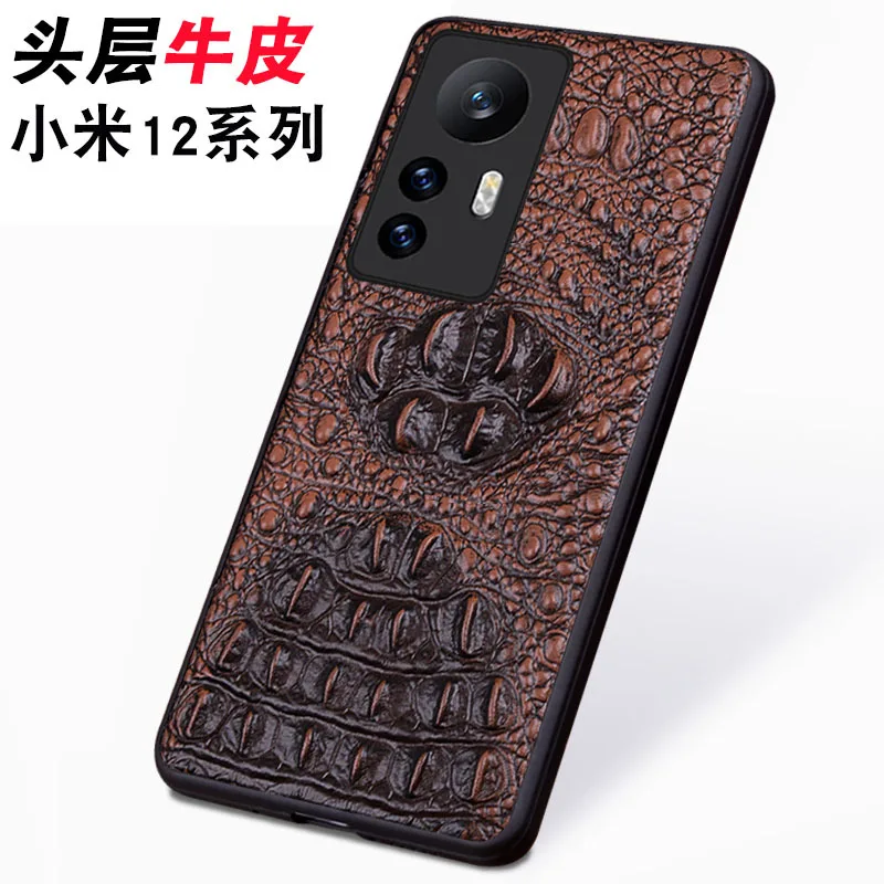 Original Genuine Cowhide Leather Case For Xiaomi Mi 12 12S Pro X Retro 3D Crocodile Head Alligator Skull Armor Phone Cover