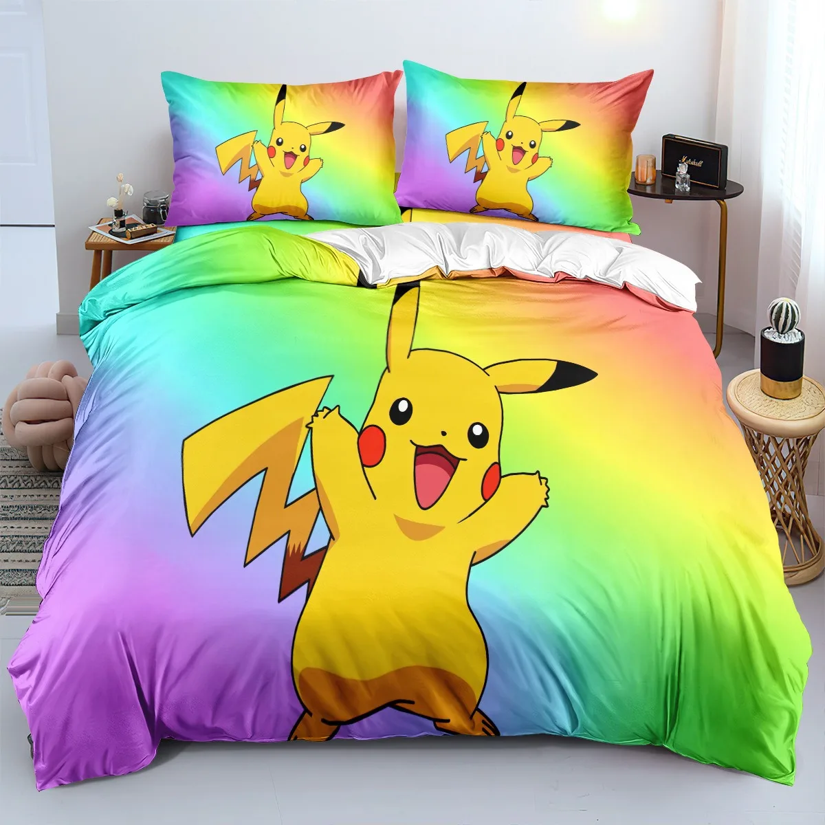 Pikachu Duvet Cover 3D Printed Pokémon Bedding Set,Anime Quilt Duvet Pillowcase for Children Girls Boys Teenagers Adults