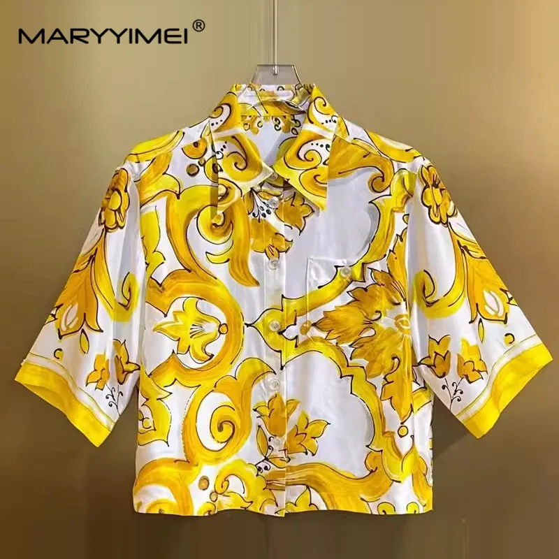 MARYYIMEI Summer Women\'s Suit Turn-Down Collar Single-Breasted Half Sleeved Tops+Casual Shorts Baroque Print Silk 2 Piece Set