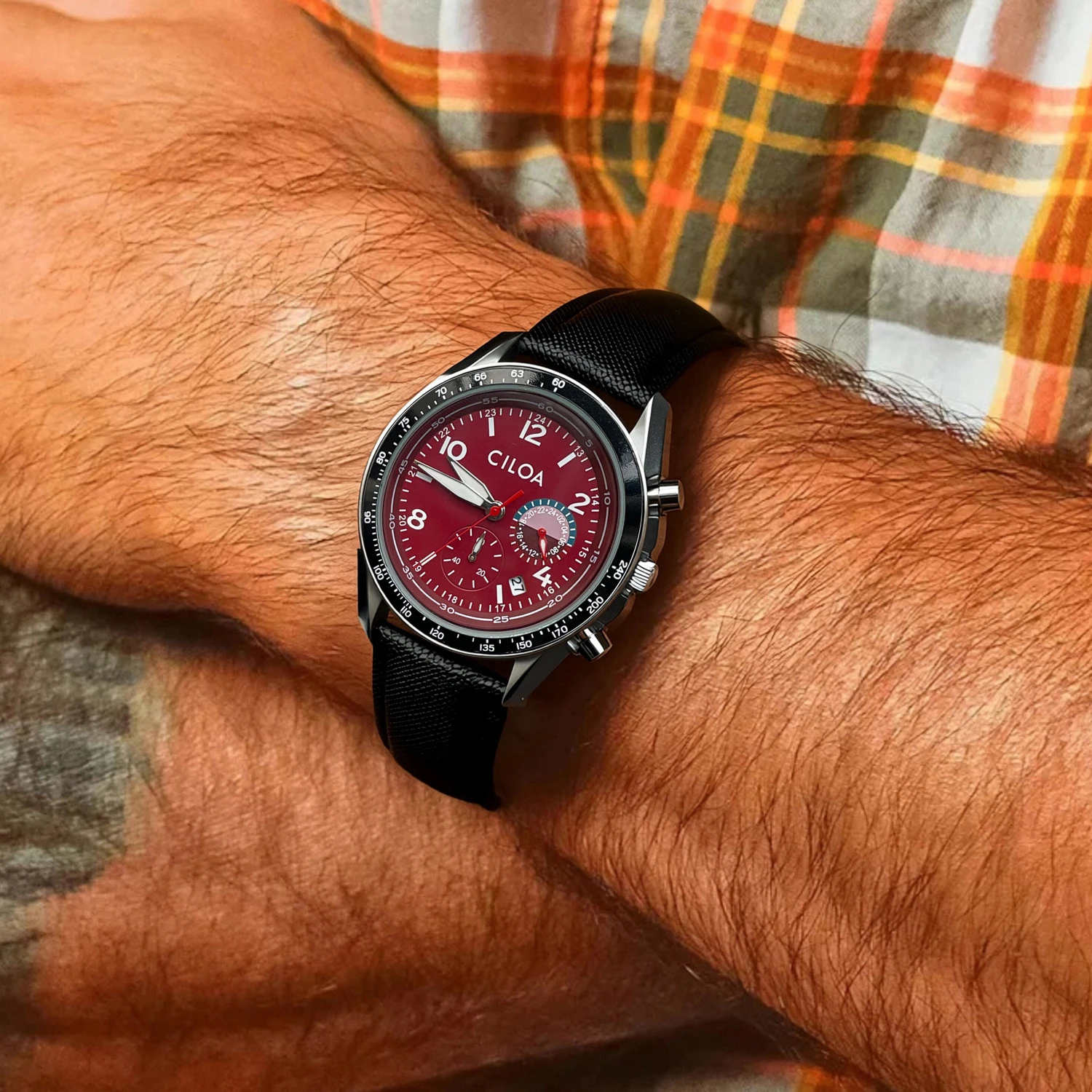 CILOA-Men Quartz Watch Red Dial Chronograph Tachymeter Date Display Black Nylon Strap Sport Wristwatch Gift-537