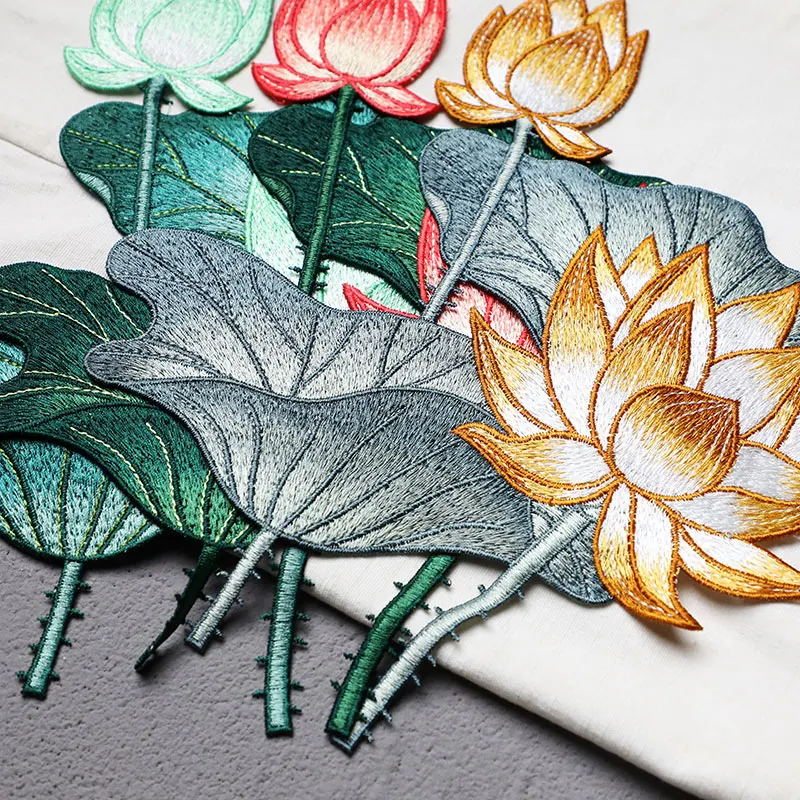 24CM Lotus Flower Embroidered Patches for Clothing DIY Sew On Floral Parches Embroidery Appliques for Dress