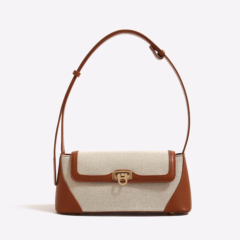 French Style Retro Baguette Shoulder Bag For Women Canvas PU Contrast Color Flap Handbag Fashion Versatile For Daily Commute