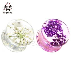 KUBOOZ Latest Popular White Pearl Purple Flower Acrylic Ear Plugs Gauges Fashion Body Piercing Jewelry Ear Plugs Expanders 2PCS