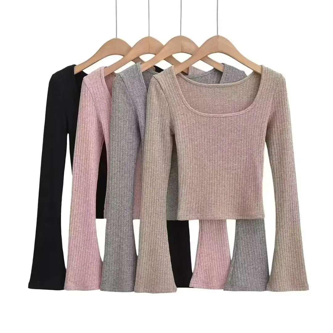 High Waist ort Strickwaren Damen Large U-Ne Long Sve Pure Color Street Sle Slim Fit Base Layer Top für den Herbst