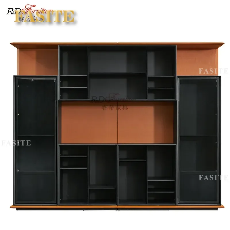 For Modern Simple Leather Art File Cabinet Office Floor Storage Locker Living Room Wine Glass Display Cabinet Background