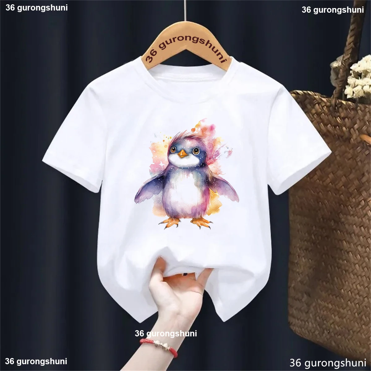 Watercolor Penguin Printed Tshirt Girls/Boys Funny Birds/Owl T Shirt Kawaii Kids Clothes Harajuku Shirt Children'S Clothing