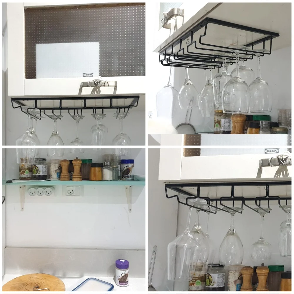 Iron Wine Rack Glass Holder Under Cabinet Stemware Stand Hanging Shelf Bar Tool Bar Hanger Glass Goblet Iron Rack