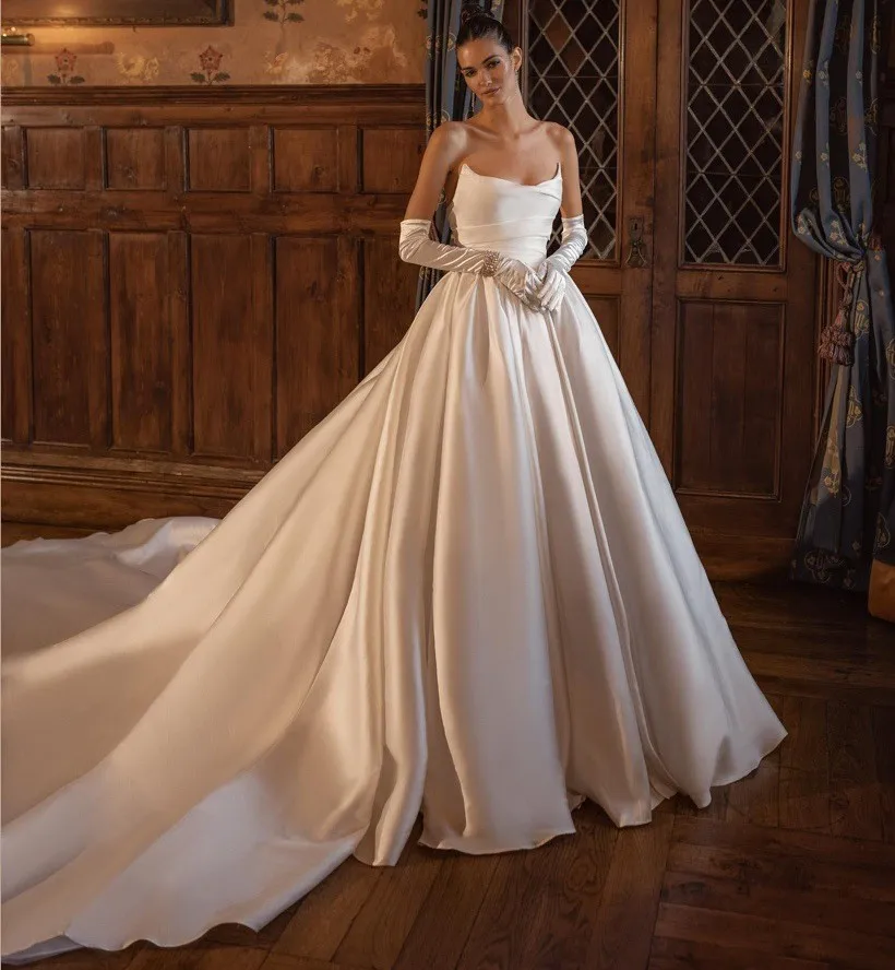 فستان زفاف أنيق على شكل حرف a الكنيسة بدون حمالات ثنيات من الساتان قفازات الزفاف فستان العروس للنساء فيستدوس دي نوفيا