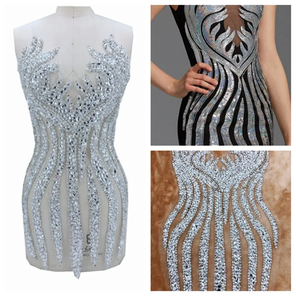 

2 Style Sparkly Crystal Embellishments Fabric Evening Dress Full Front Striped Top Accessories Sewn Rhinestone Applique Patches