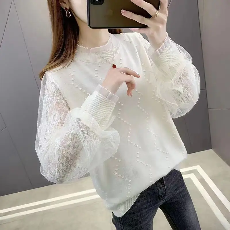 Women's Round Neck Lace Mesh Spliced Sweaters Thin Solid Color Fashion Knitted Long Sleeve Jumpers Spring Female Clothing 2022