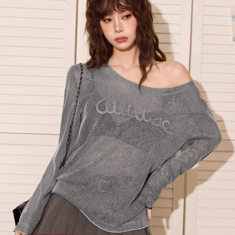 

American High Street Sexy Off The Shoulder Loose T Shirts Y2k Aesthetic Vintage Letter Print Women Clothes Lazy French Punk Tops