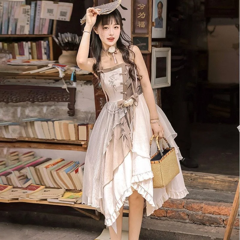 Jsk Sling Jurk Oude Dagelijkse Chinese Elementen Lolita Rok Onregelmatige Kawaii Jurk Donkere Elf Kleding Lolita Vestido Manga Larga