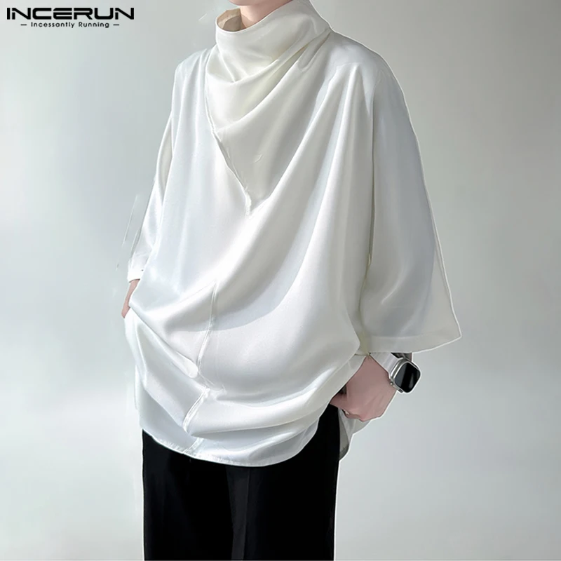 2023 Men Shirt Solid Color Turtleneck 3/4 Sleeve Korean Casual Men Clothing Streetwear Loose Fashion Irregular Shirts INCERUN