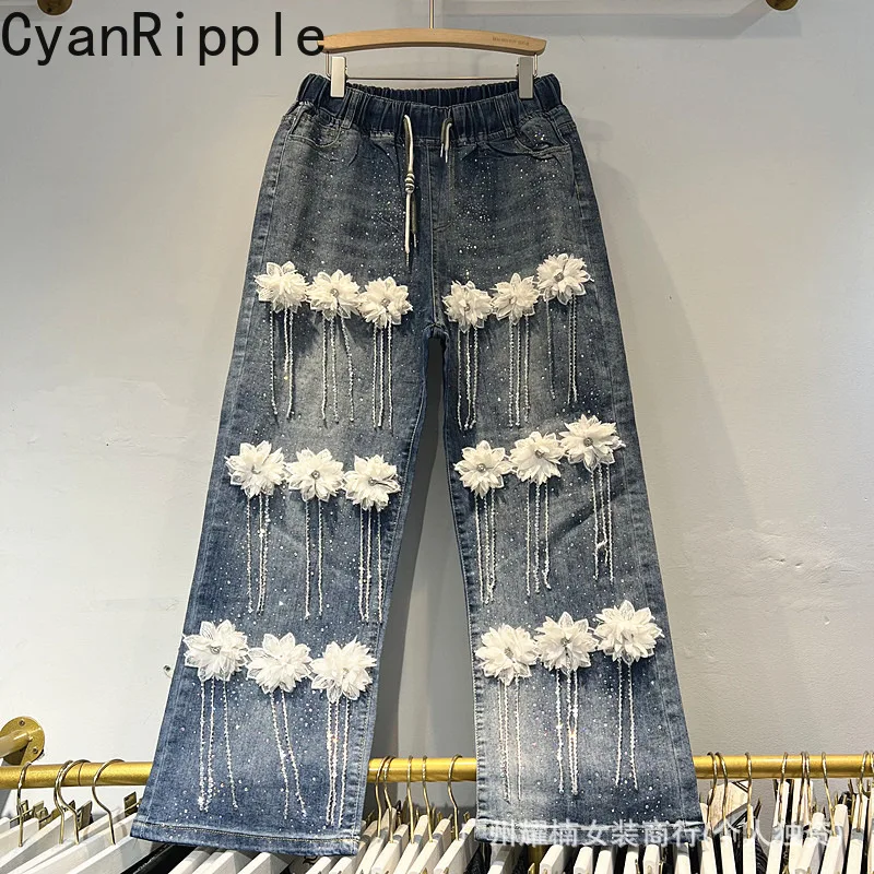 3d Flowers Tassel Hot Diamonds Wide Leg Jeans for Women All-match New Autumn Drawstring Elastic Waist Straight Long Denim Pants