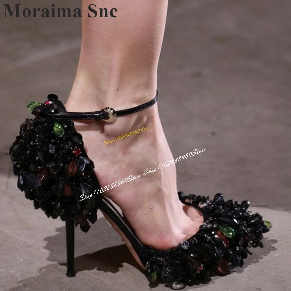 Runway Bling Black Crystal Decor Sandals Thin High Heel Women Shoes Ankle Buckle Strap Pointed Toe 2024 Sexy Zapatos Para Mujere