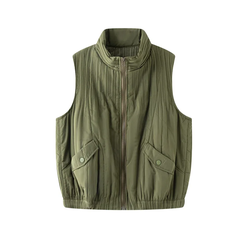 سترة نسائية شتوية مطوية موضة مزاجه بسيطة بلون سادة بدون أكمام سترات لخريف وشتاء 2025 قطع علوية فضفاضة جديدة متعددة الاستخدامات