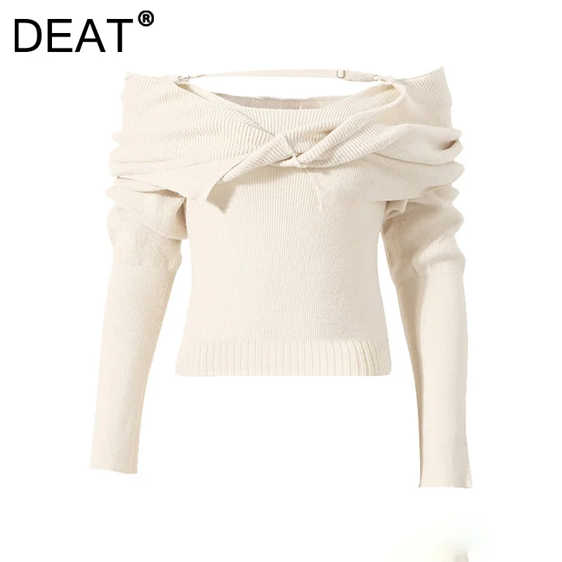 DEAT Fashion Women\'s Sweater Slash Neck Slim Adjustable Bandage Kink Long Sleeve Mohair Knitted Pullover Autumn 2024 New WT131