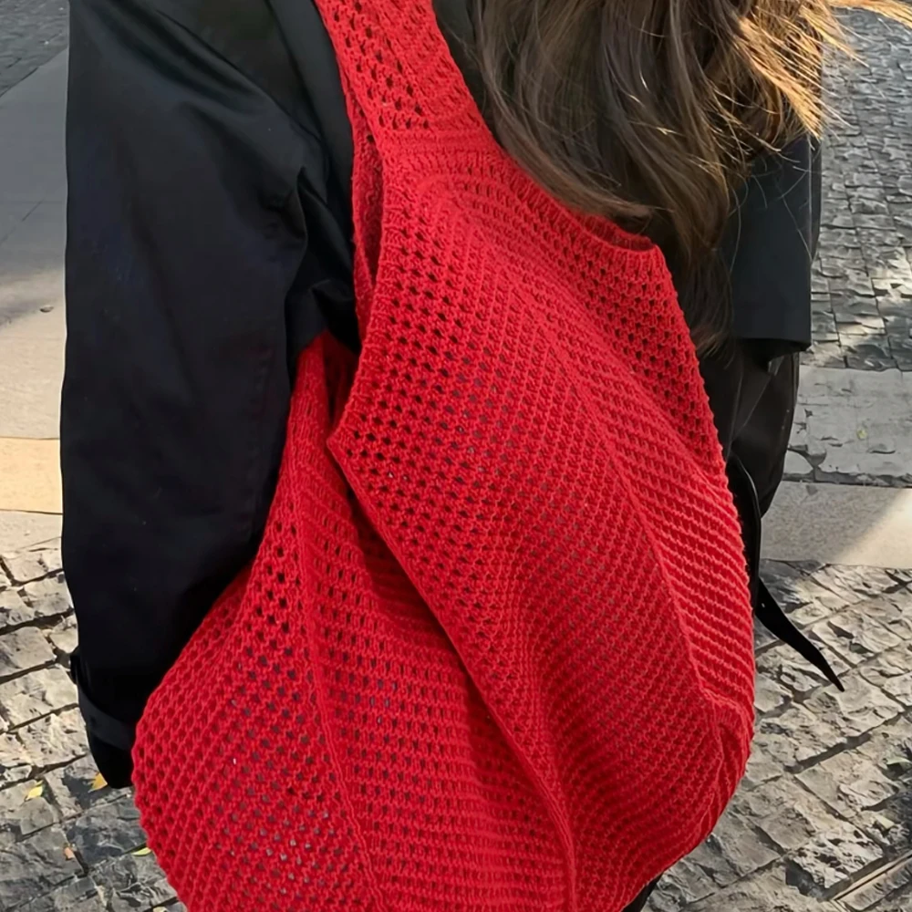Koreanischer Stil, lässiger Stil, große Kapazität, retrorote gestrickte Tragetasche, vielseitige Nischentasche im Urlaubsstil, gewebte Tasche, Damentasche – Detail 3