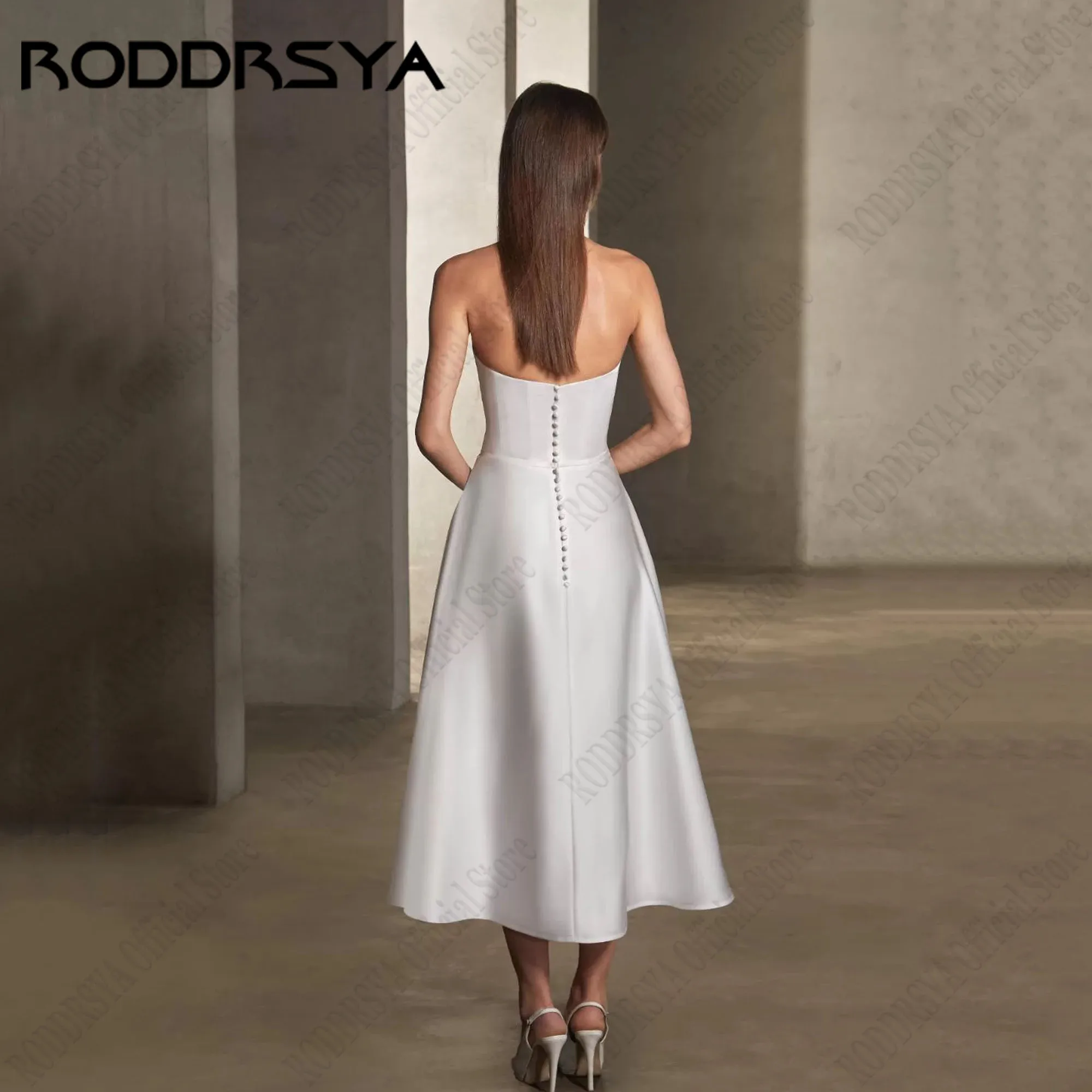 RODDRSYA A-Line Querida Vestidos De Casamento Para As Mulheres Cetim Backless Simples vestidos novias boda Tea-Length A Linha Querida Vestidos de Casamento Para As Mulheres Cetim Backless Simples vestidos novias boda T