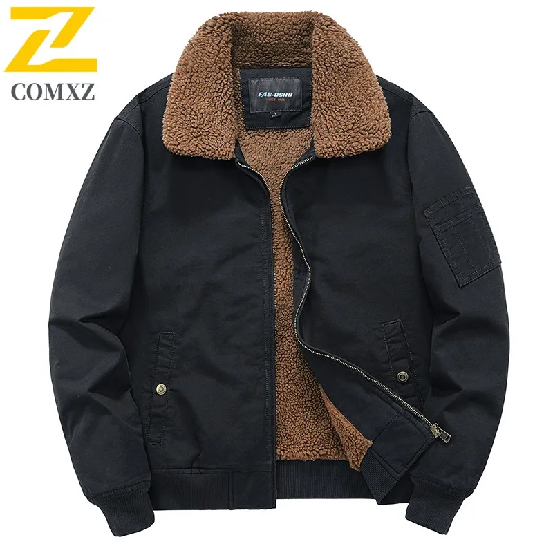COMXZ 2025 سترة رجالية مبطنة بالصوف سميكة من القطن المغسول سترة شتوية خارجية غير رسمية بياقة مقلوبة #3