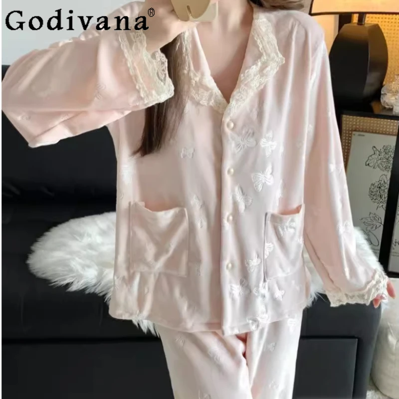 

Элегантные кружевные вставки больших размеров, милые пижамы с бабочками, женские зимние утепленные теплые брюки с длинными рукавами, милые розовые комплекты домашней одежды