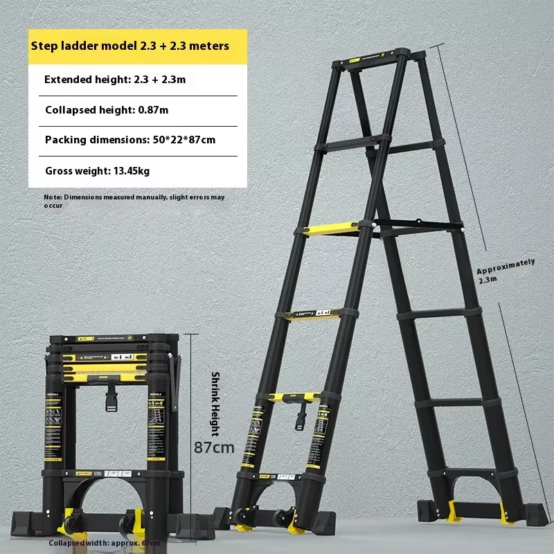 New black yellow aluminum alloy folding telescopic ladder, double-sided balance bar, anti slip widened pedal with pulley