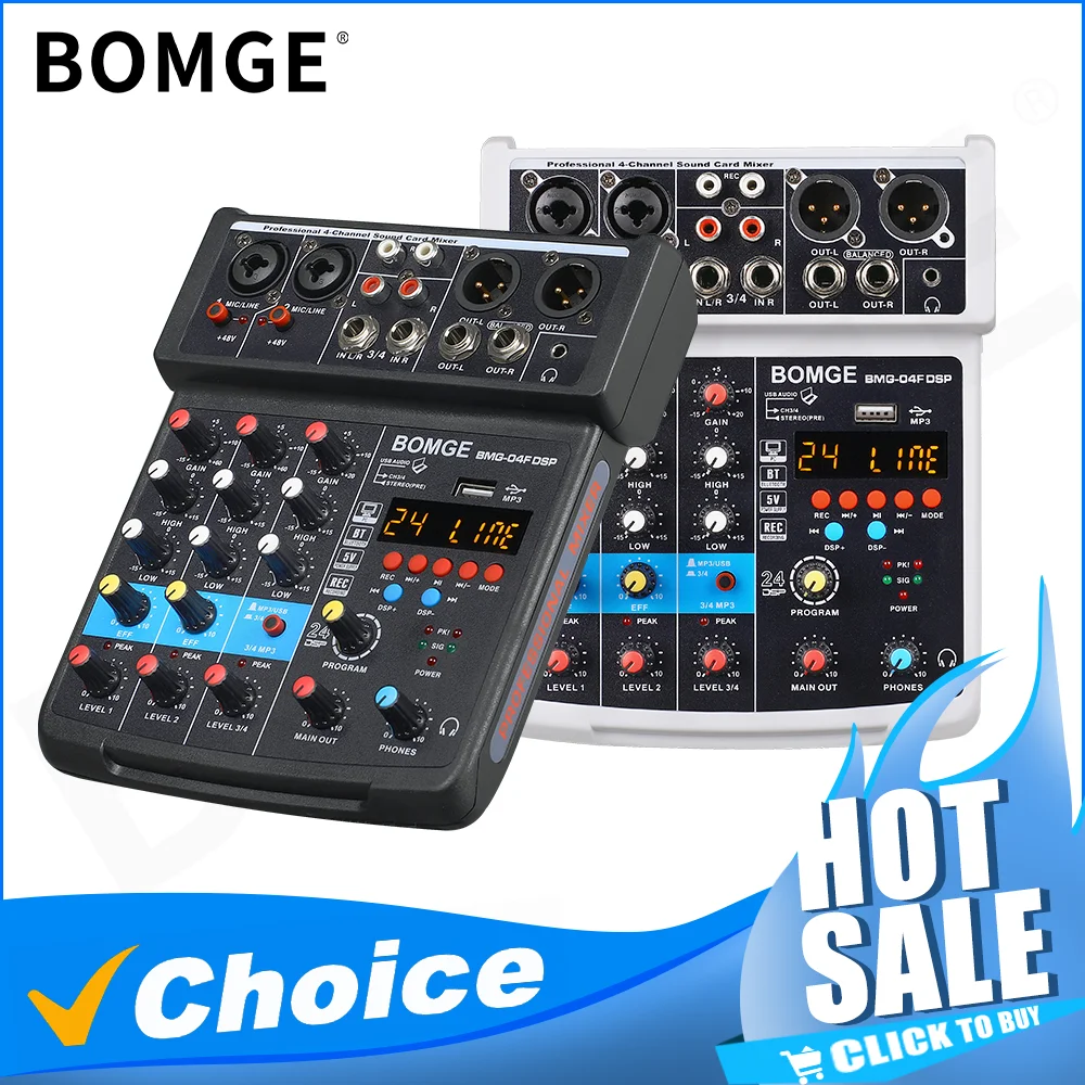 BOMGE 4 Channel sound console Audio Mixer with 24DSP Bluetooth 48V Phantom Power EQ and USB Audio Interface for DJ karaoke