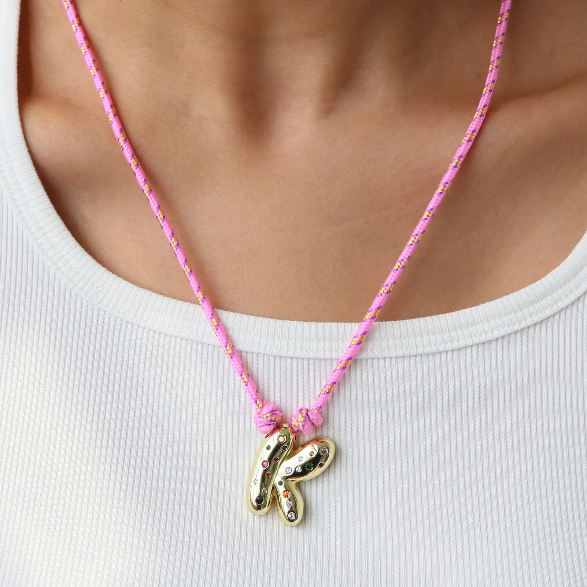 Colorful Cubic Zirconia Chunky Bubble Letter Pendant Necklace for Women Fashion Pink Rope Chain 18K Gold Plated Jewelry Gift view 4