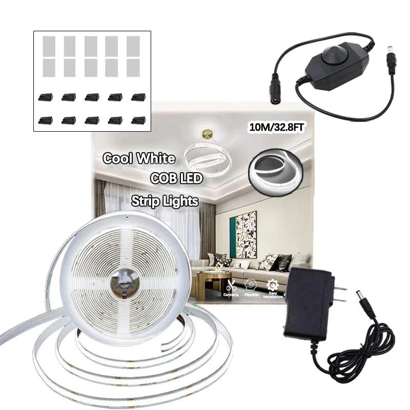 24V Cool White COB LED Strip Lights 32.8ft 10M 6000K Dimmable Cuttable Flexible High Brightness Tape Light for Home Lighting Kitchen Under Cabinet Bedroom Ceiling Closet Workshop