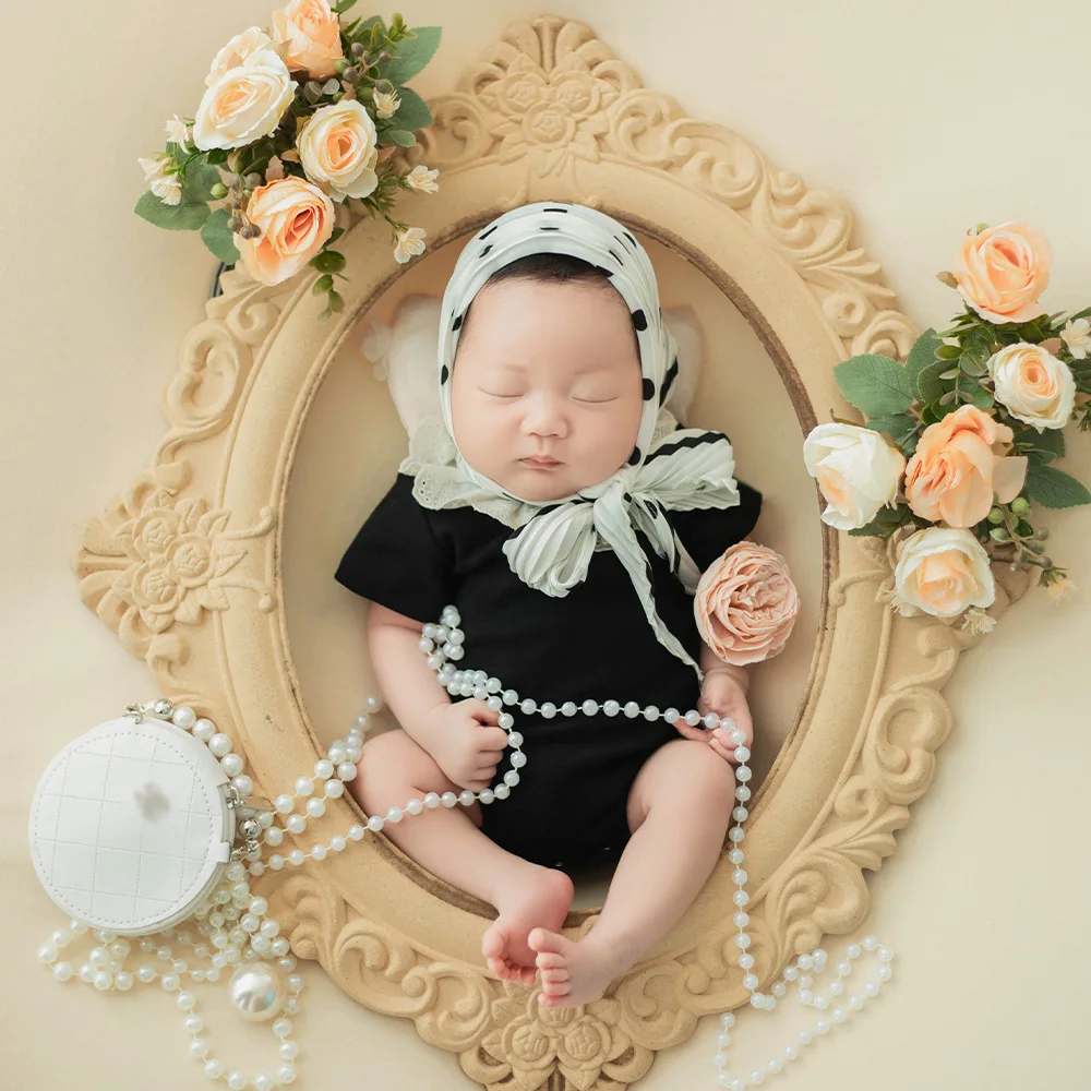 

Soft Cotton Baby Bodysuit Polka Dot Headscarf Newborn Photography Outfit Set Pearl Bag Artificial Flower Photo Decoration Props