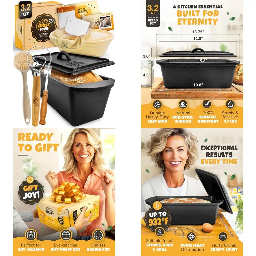 

Cast Iron Dutch Oven for Bread Baking - 3.2 Quart Sourdough Bread Pan for Homemade Bread Recipes