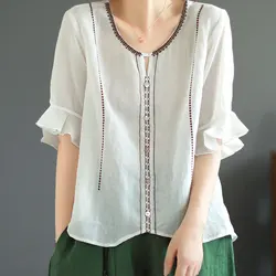 Elegant Fashion Harajuku Slim Fit Female Clothes Loose Casual All Match Tops Women Patchwork Solid Button Cotton Linen Tshirts