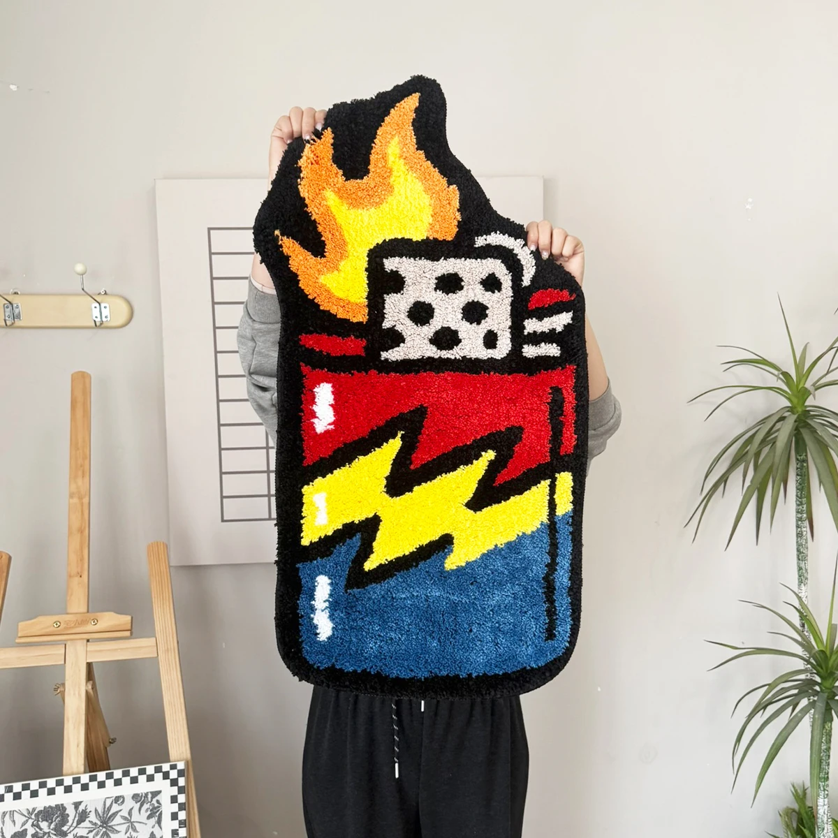 Funky Pop Art Tufted Floor Rug, Chunky Flocking Flame Lighter Mat, Anti-Skid Eye-Catching Carpet for Modern Home & Fans
