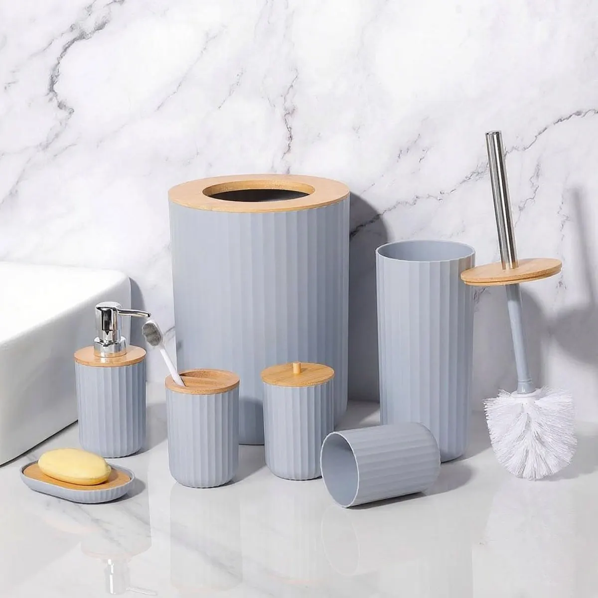 6 stuks badkameraccessoires zeepdispenserdoos toiletborstel lotionfles prullenbak plastic badkameropslagset tandenborstelbeker