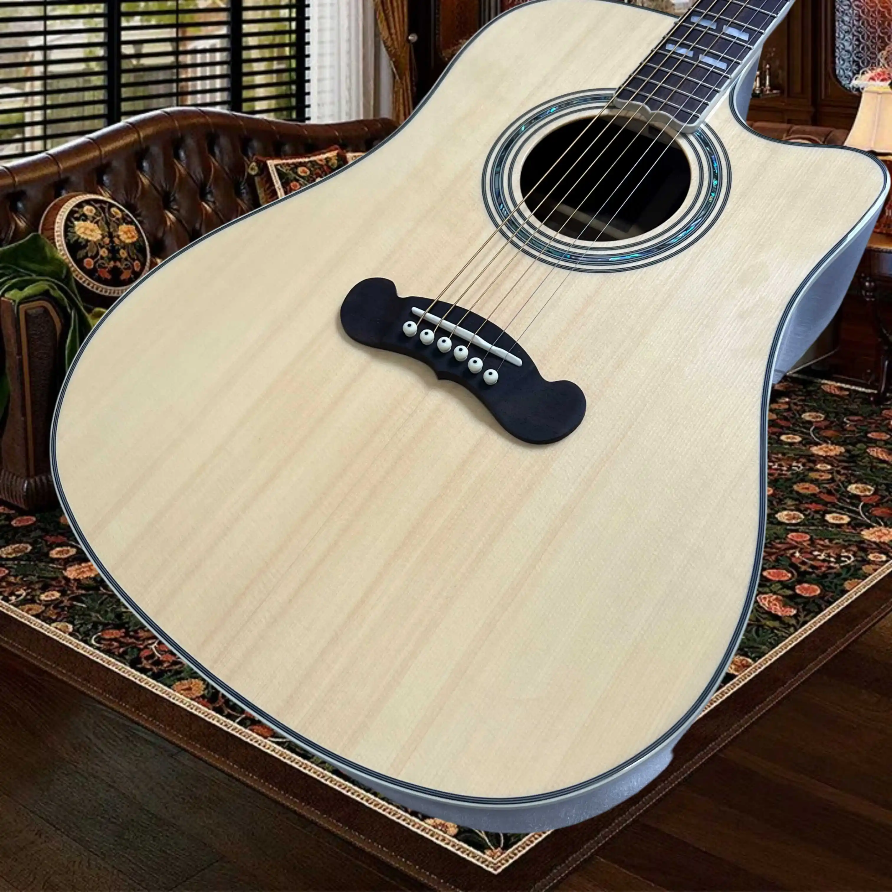 Song Natural Folk Guitar Cutaway Design Spruce Body Rosewood Back Sides Black Inlays Suitable Beginner to Intermediate Players