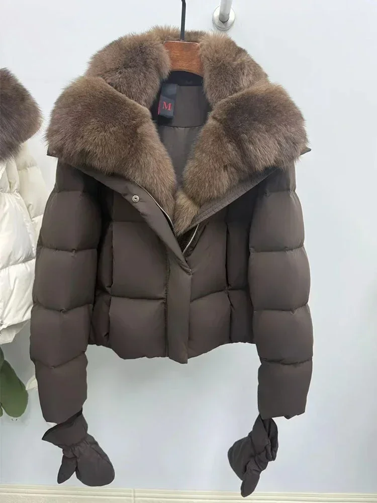 2025 Natural Fox Fur Collar Goose Down Jacket Women Luxury Down Jacket Huge Warm Puffer Jacket Casual Parka Outwear Down Coat