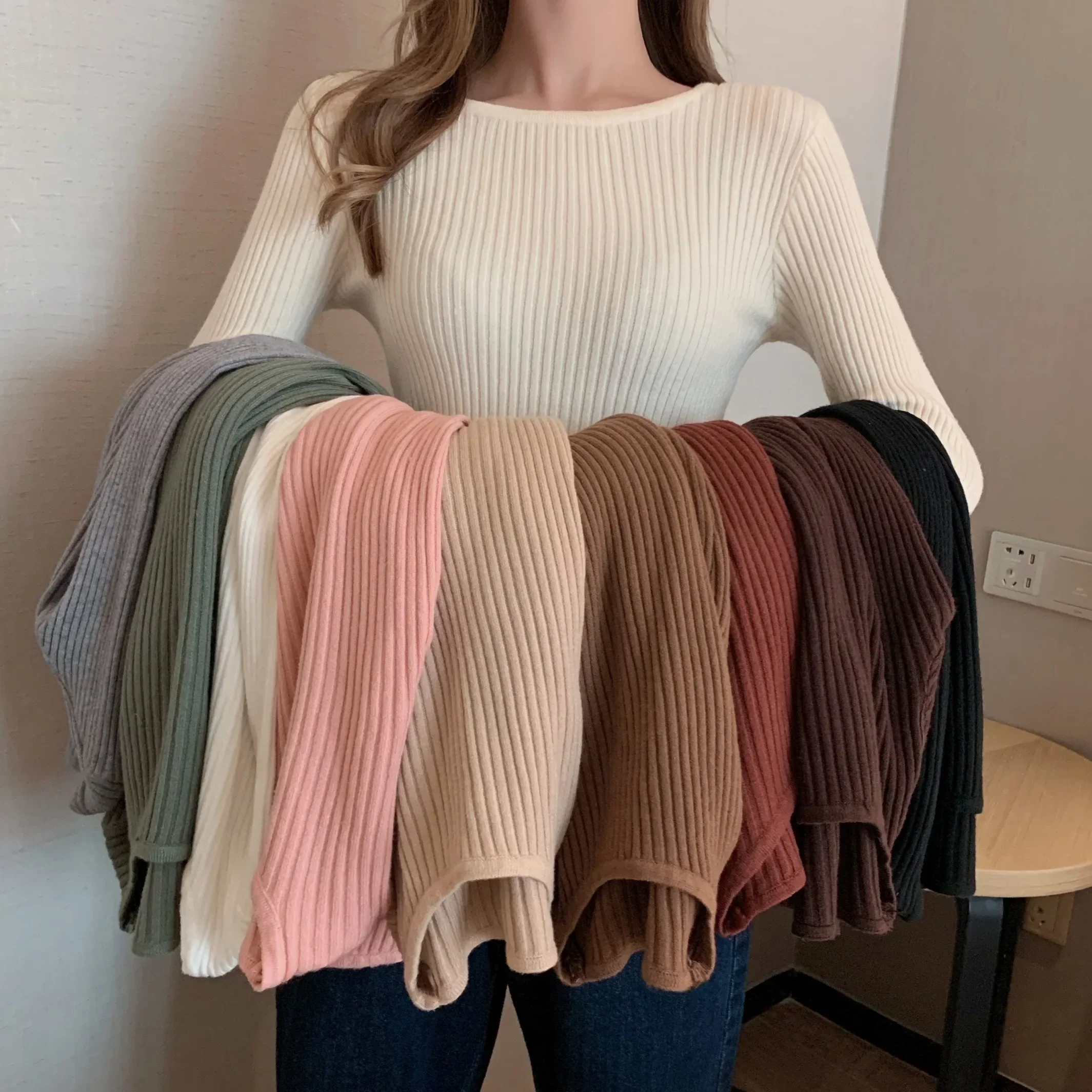 2025, herbst Winter Frauen Pullover Casual Langarm Gestrickte Pullover Pullover Femme Grundlegende Solide Jersey Tops Mode Kleidung