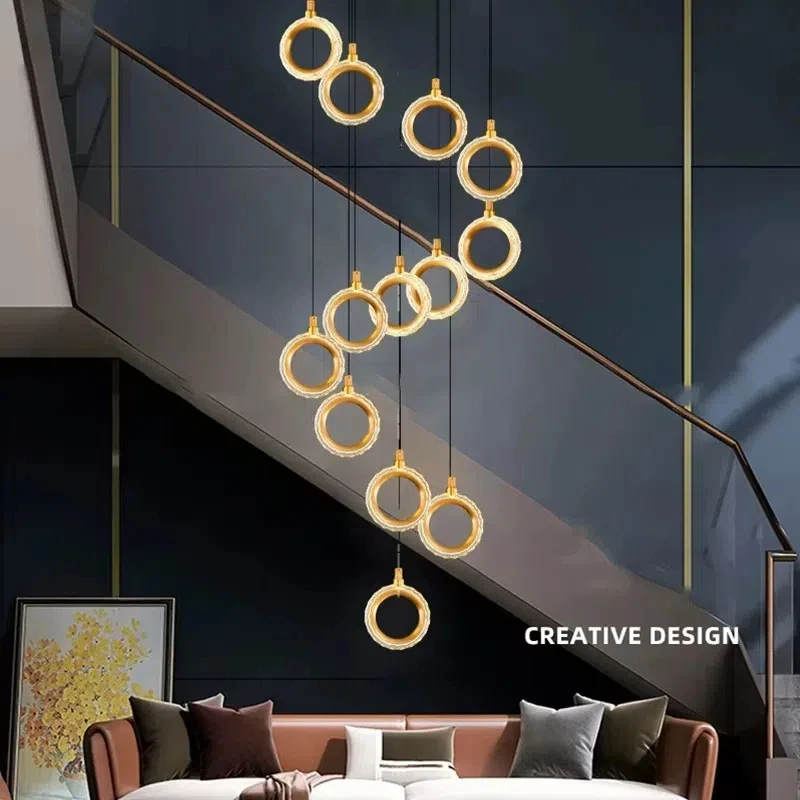 Modern Nordic Luxury Villa LOFT Chandelier Full Copper Duplex Staircase Rotating Hollow Ring Pendant Light for Home Decor