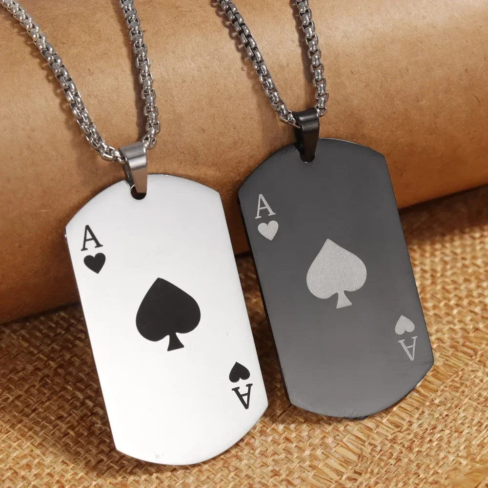 Trend Rectangle Stainless Steel Spades A Pendant Charm Men's Necklace Fashion Christmas Valentine's Day Gift Protector Jewelry