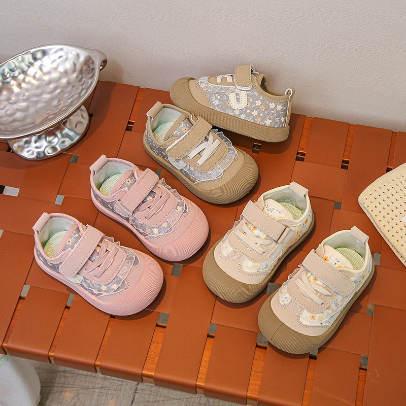 

Весенние детские кеды для девочек с цветочным принтом и кружевной отделкой, дышащие, на гибкой подошве, размеры 21-29