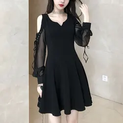 Elegant Off Shoulder Drawstring Dresses Women's Clothing Long Sleeve Casual V-Neck Spring Autumn Solid Color A-Line Mini Dress