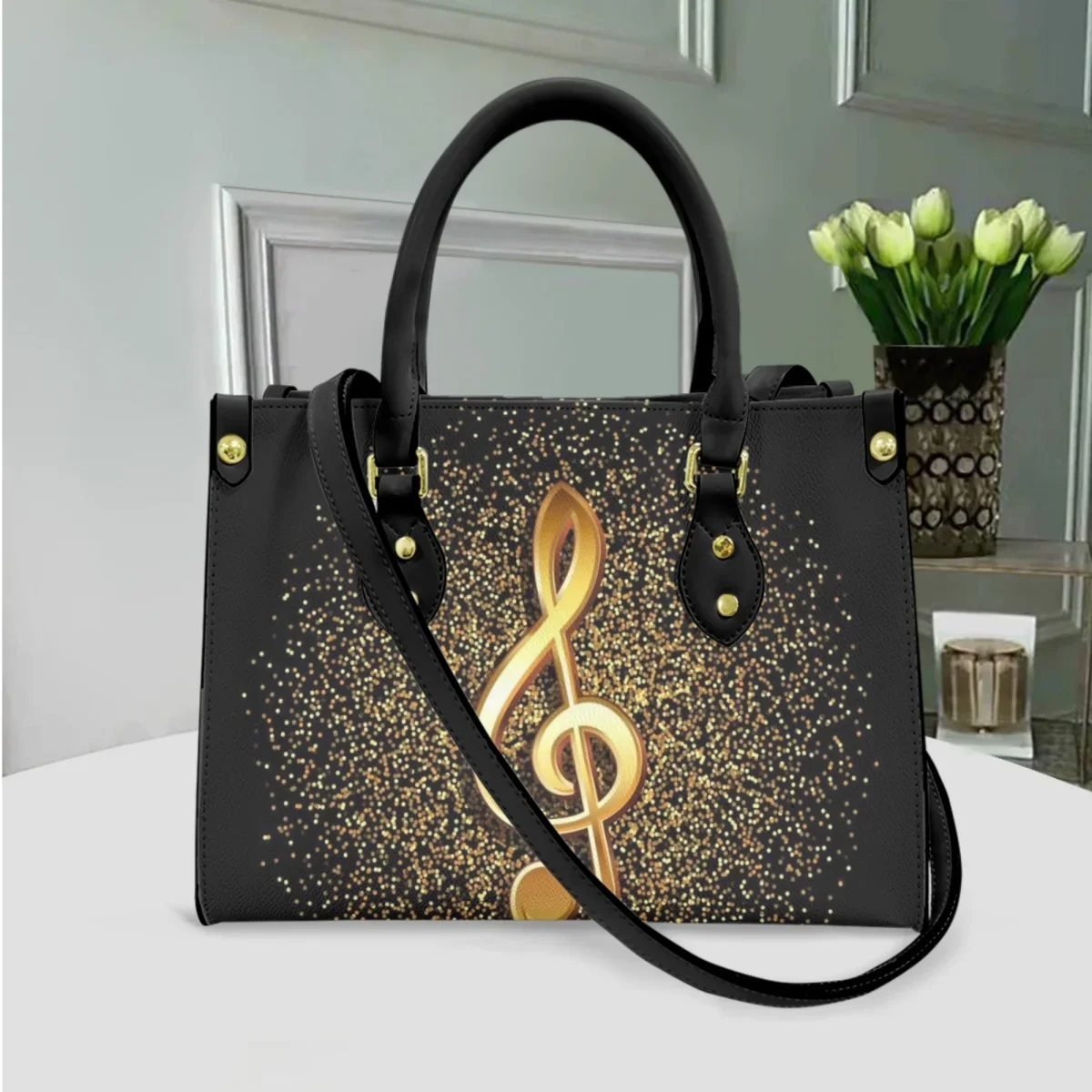 Gold Music Note Pattern Crossbody Bag Female PU Leather Top-handle Small Casual Handbags 2023 New Street Trend Messenger Bag