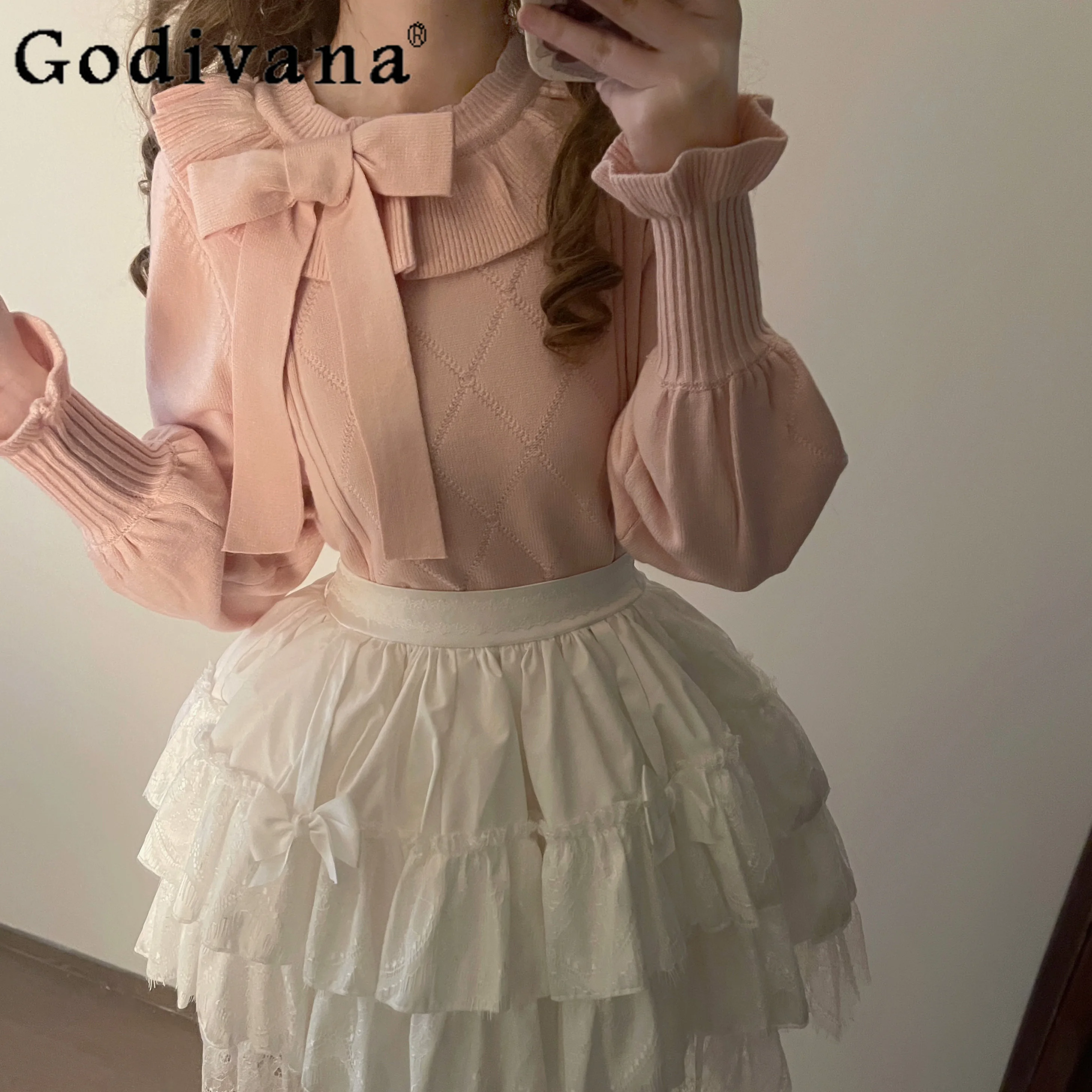 

Милый женский вязаный пуловер с оборками в японском стиле, новинка осенне-зимнего сезона, модные элегантные универсальные теплые свитера с внутренней подкладкой