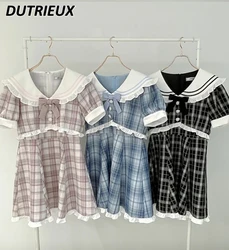 2024 Summer New Mass-Produced Ladies Sailor Collar Plaid Dress Lolita Japanese Style Casual Short Sleeve Dresses for Women