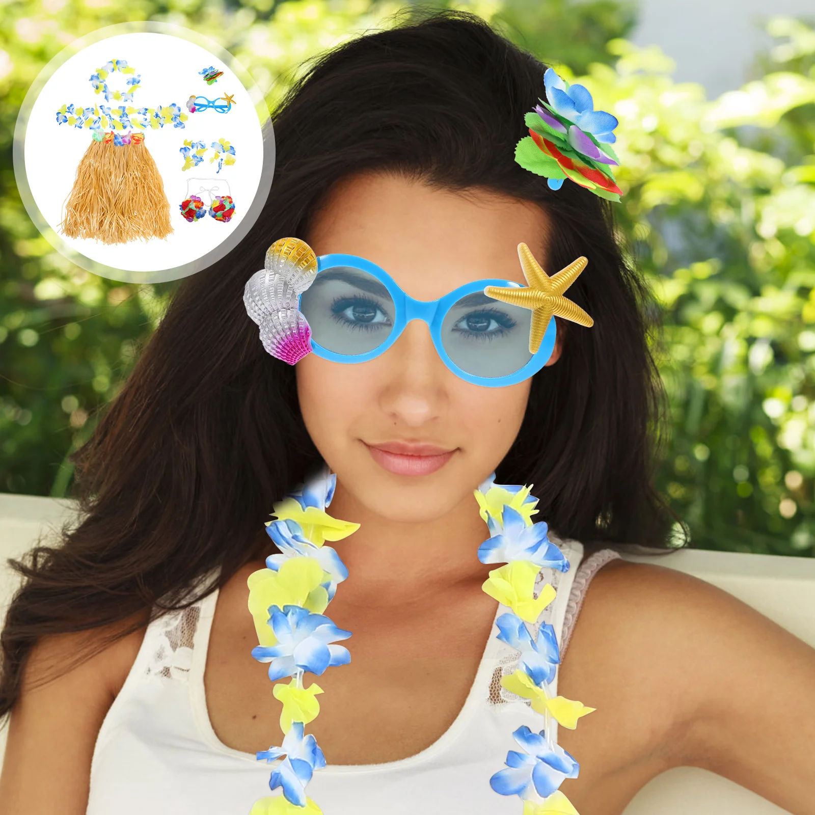 

1Set Hawaiian Party Decoration Vibrant Hula Skirt Costume Luau Dress Up Kit Tropical Beach Themed Party Supplies Bright Colors