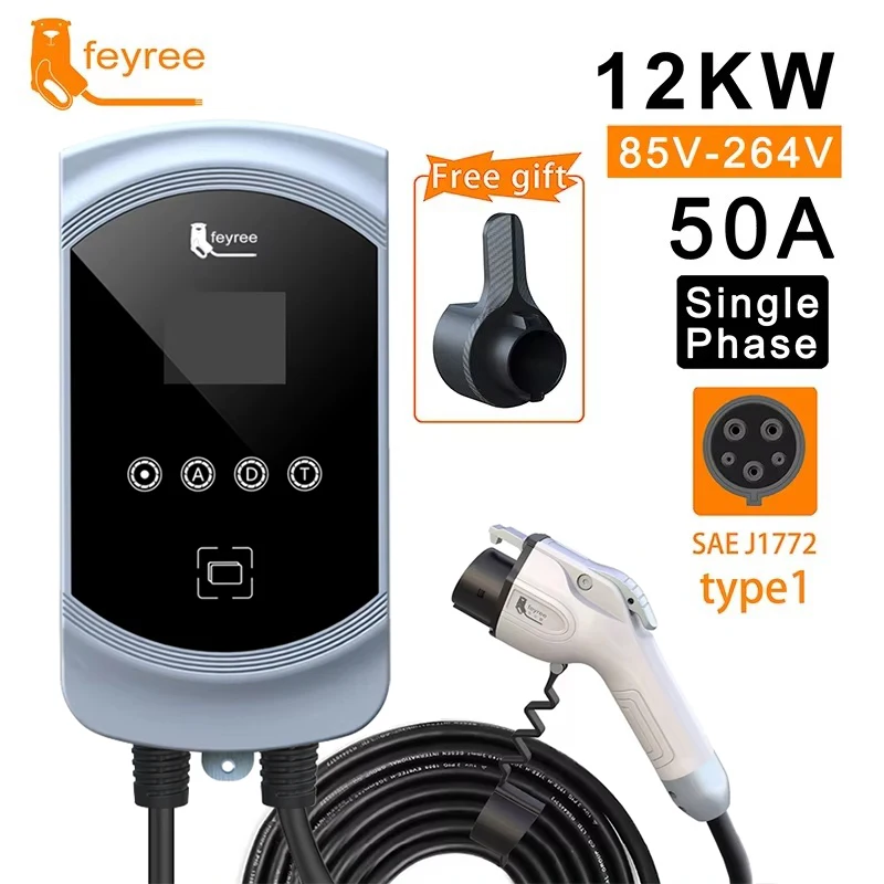 feyree  50A 12KW 1Phase EV Charger Type1 Cable J1772 Cord 40A 9.6KW 32A 7.6KW EVSE Wallbox Charging Station for Electric Vehicle